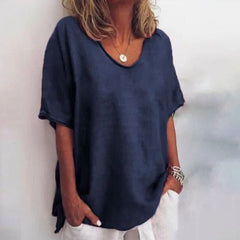 Loose fit scoop-neck top, navy blue short sleeves with draped side ties