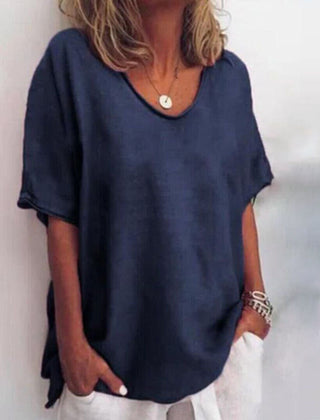 Loose fit scoop-neck top, navy blue short sleeves with draped side ties