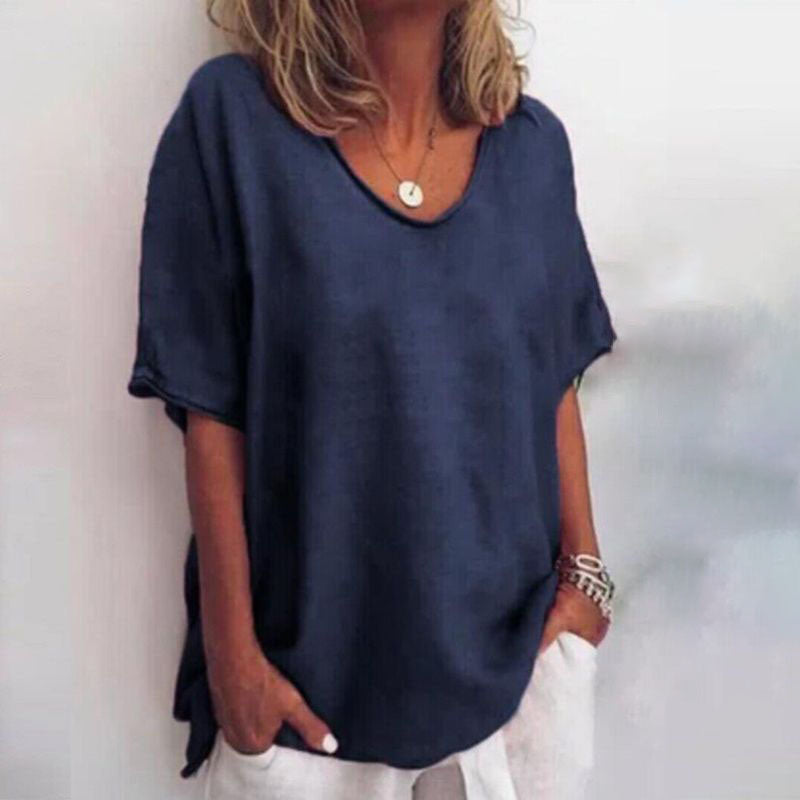 Loose fit scoop-neck top, navy blue short sleeves with draped side ties