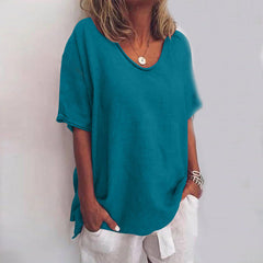 Loose fit scoop-neck top, teal short sleeves with draped side ties