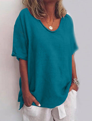 Loose fit scoop-neck top, teal short sleeves with draped side ties