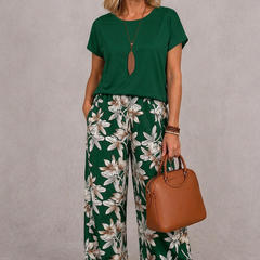 Green short-sleeve top and green floral wide-leg pants set