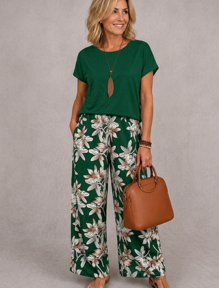 Green short-sleeve top and green floral wide-leg pants set
