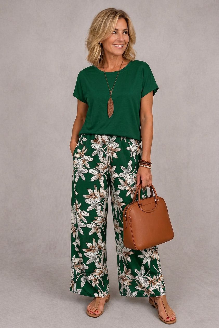 Green short-sleeve top and green floral wide-leg pants set