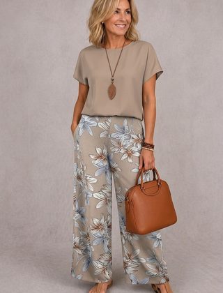 Beige short-sleeve top and light floral wide-leg pants set