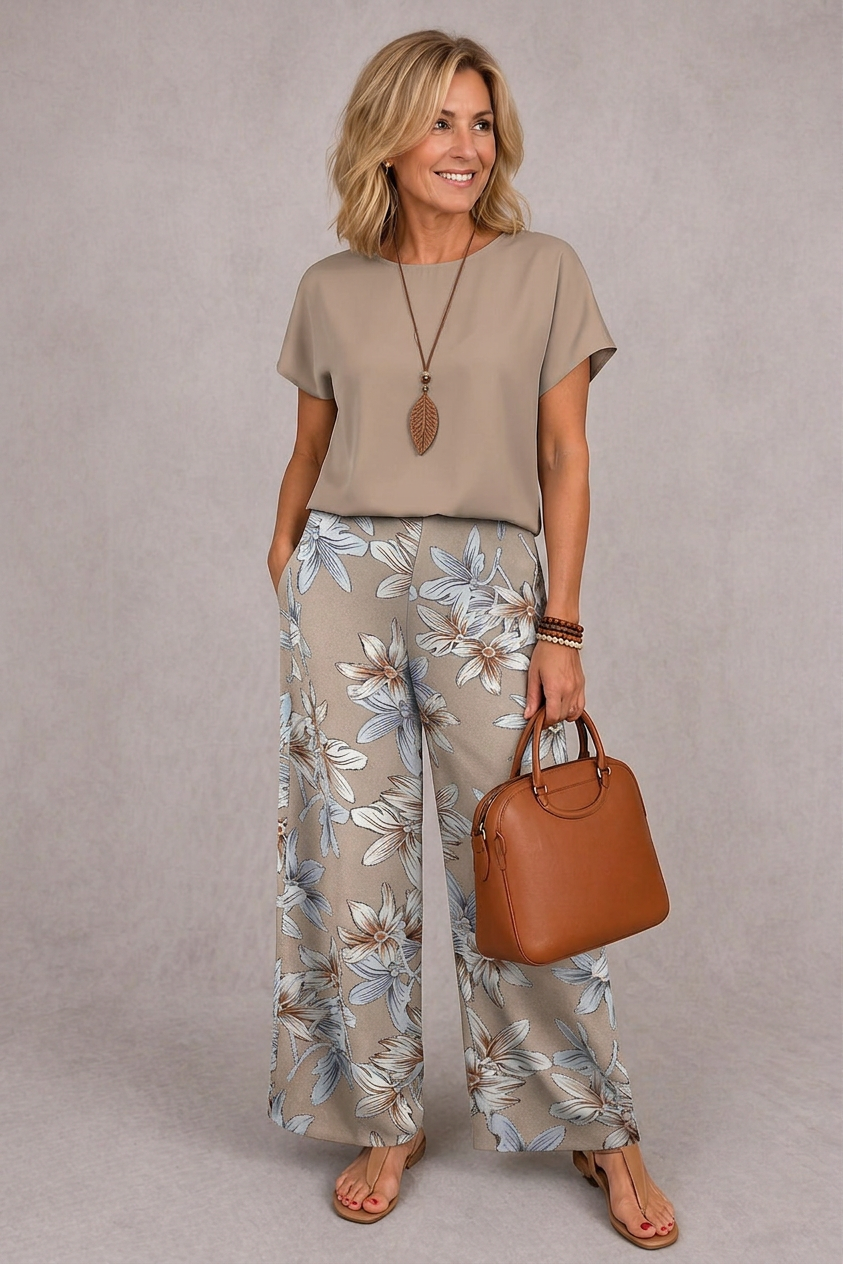 Beige short-sleeve top and light floral wide-leg pants set