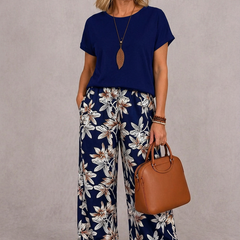 Navy short-sleeve top and navy floral wide-leg pants set