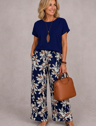 Navy short-sleeve top and navy floral wide-leg pants set