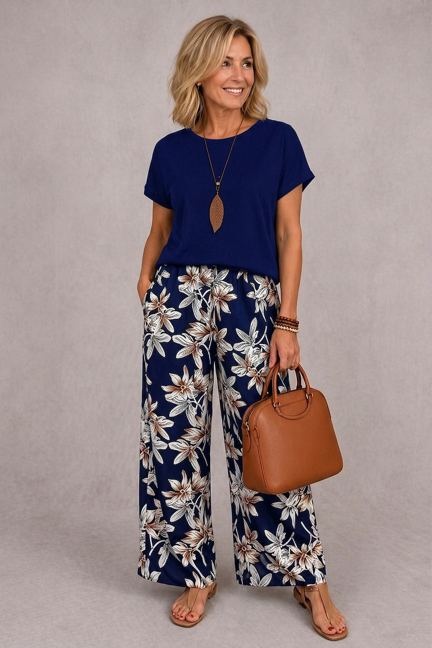 Navy short-sleeve top and navy floral wide-leg pants set