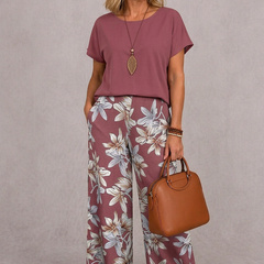 Rose mauve short-sleeve top and mauve floral wide-leg pants set