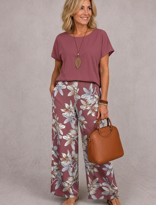 Rose mauve short-sleeve top and mauve floral wide-leg pants set