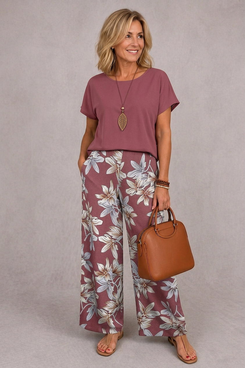 Rose mauve short-sleeve top and mauve floral wide-leg pants set