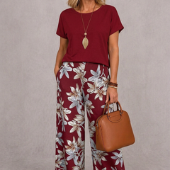 Burgundy short-sleeve top and red floral wide-leg pants set