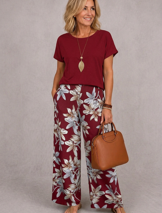 Burgundy short-sleeve top and red floral wide-leg pants set