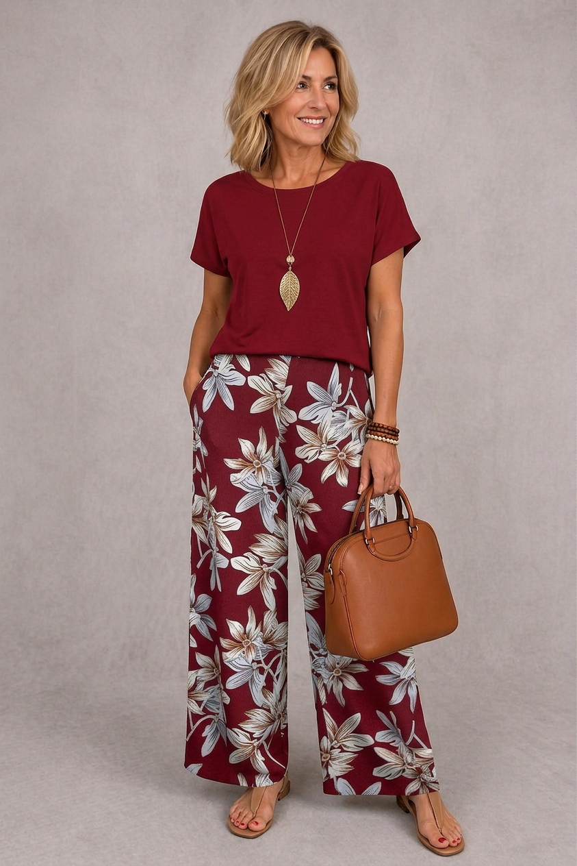 Burgundy short-sleeve top and red floral wide-leg pants set