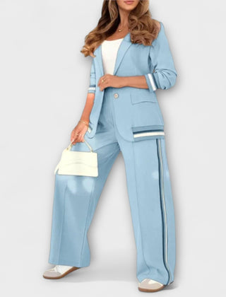 Light blue casual two-piece set: cropped blazer and wide-leg trousers with side stripes