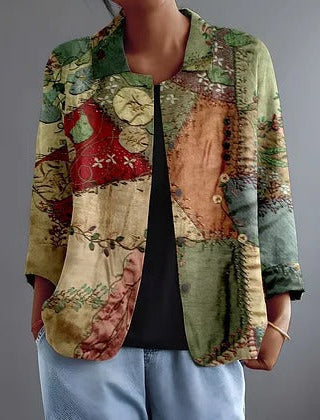 Katalin printed patchwork blouse, dark green floral panels, button-front, 3/4 sleeves