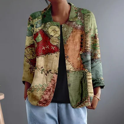 Katalin printed patchwork blouse, dark green floral panels, button-front, 3/4 sleeves