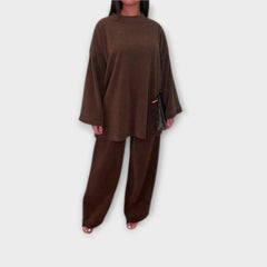 Plus size ribbed brown top and wide-leg pants set
