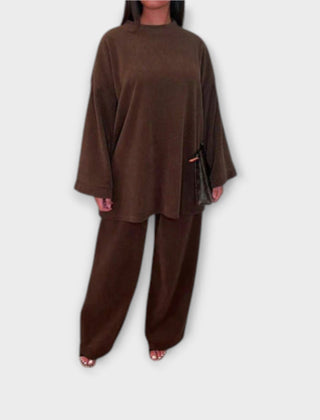 Plus size ribbed brown top and wide-leg pants set