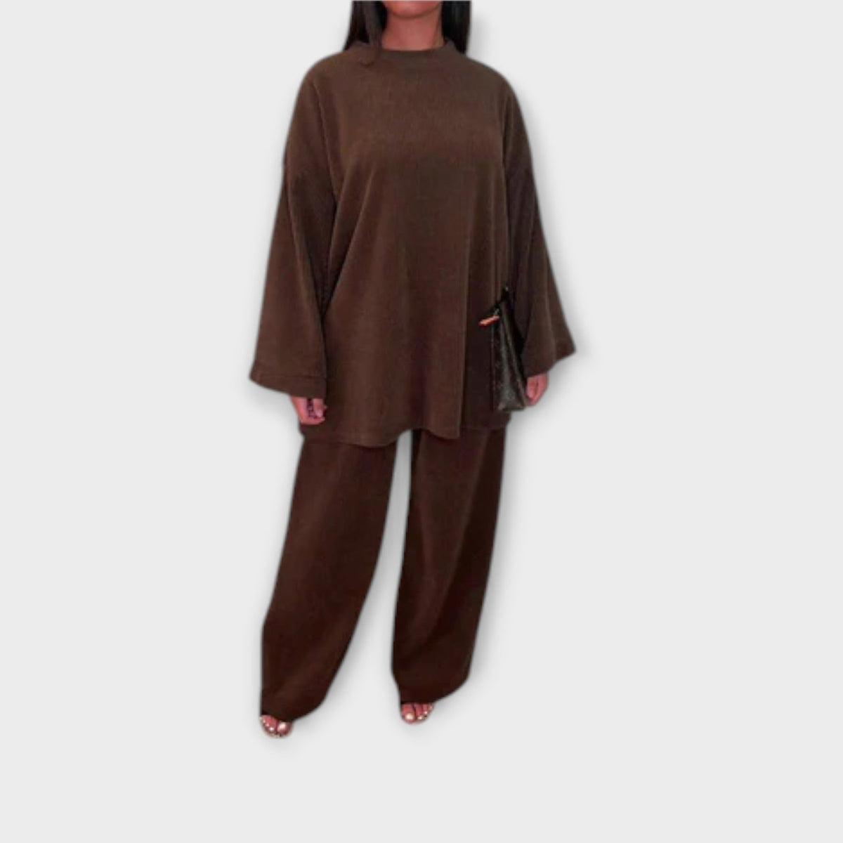 Plus size ribbed brown top and wide-leg pants set
