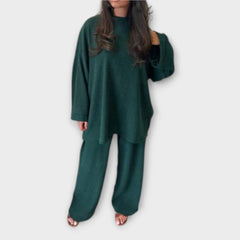 Plus size ribbed green top and wide-leg pants set