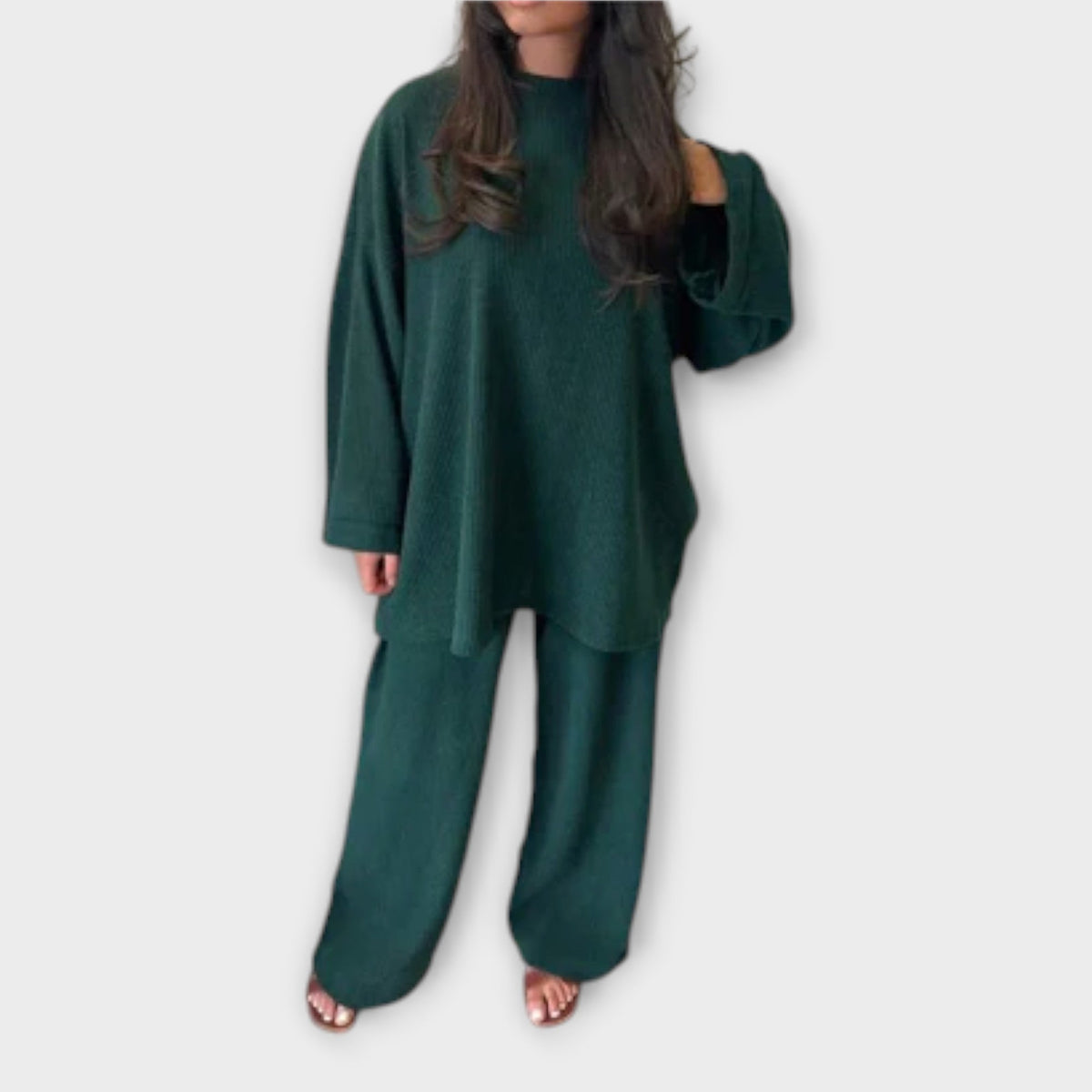Plus size ribbed green top and wide-leg pants set