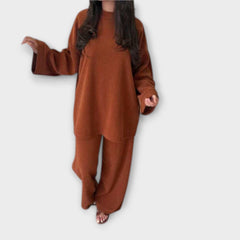 Plus size ribbed rust orange top and wide-leg pants set