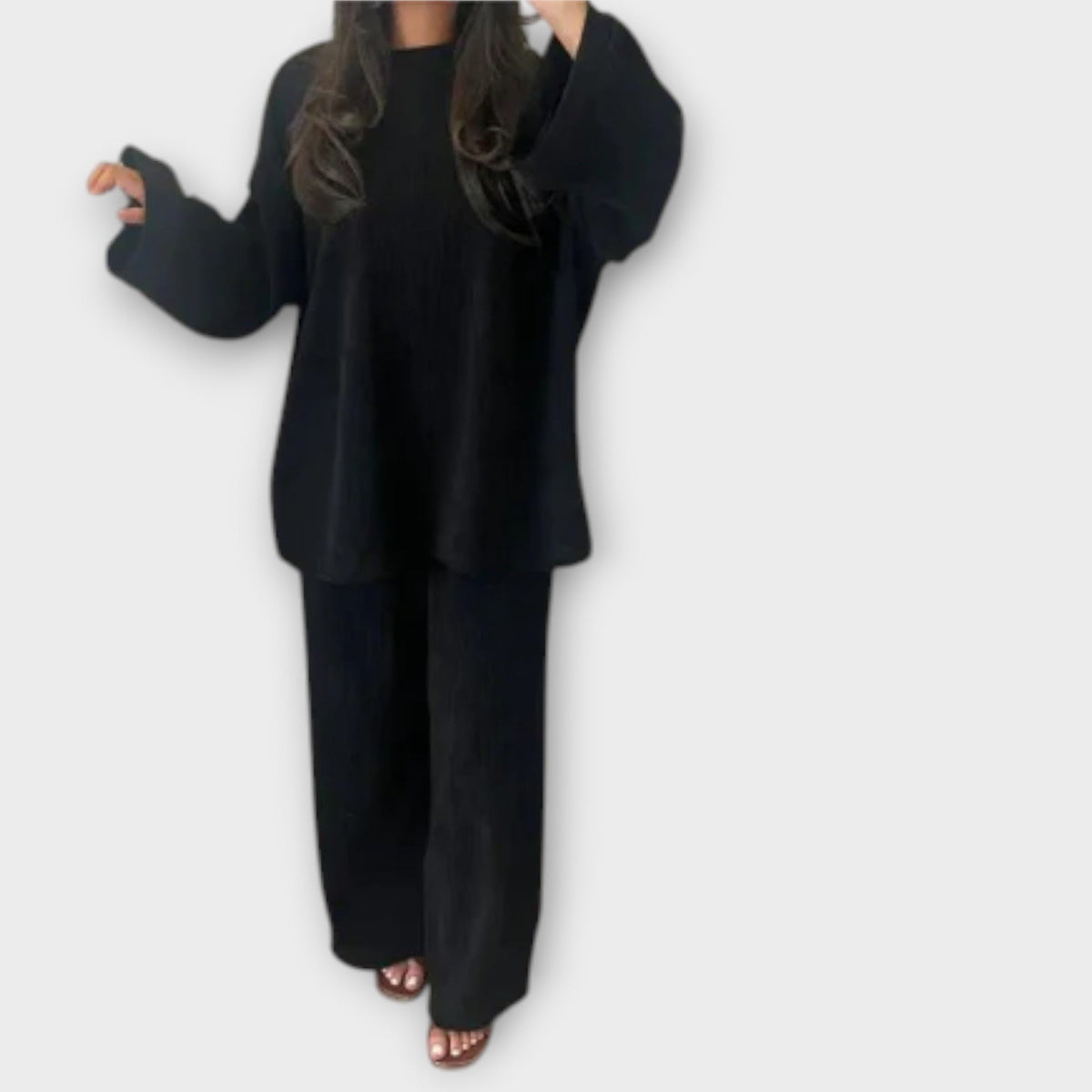 Plus size ribbed black top and wide-leg pants set