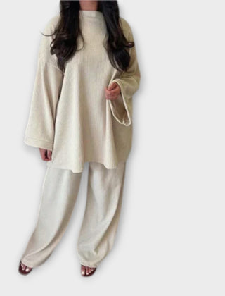 Plus size ribbed cream top and wide-leg pants set