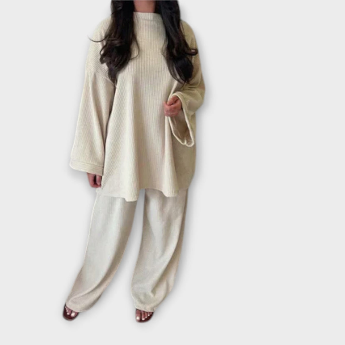 Plus size ribbed cream top and wide-leg pants set