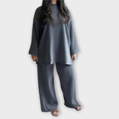 Plus size ribbed blue-gray top and wide-leg pants set