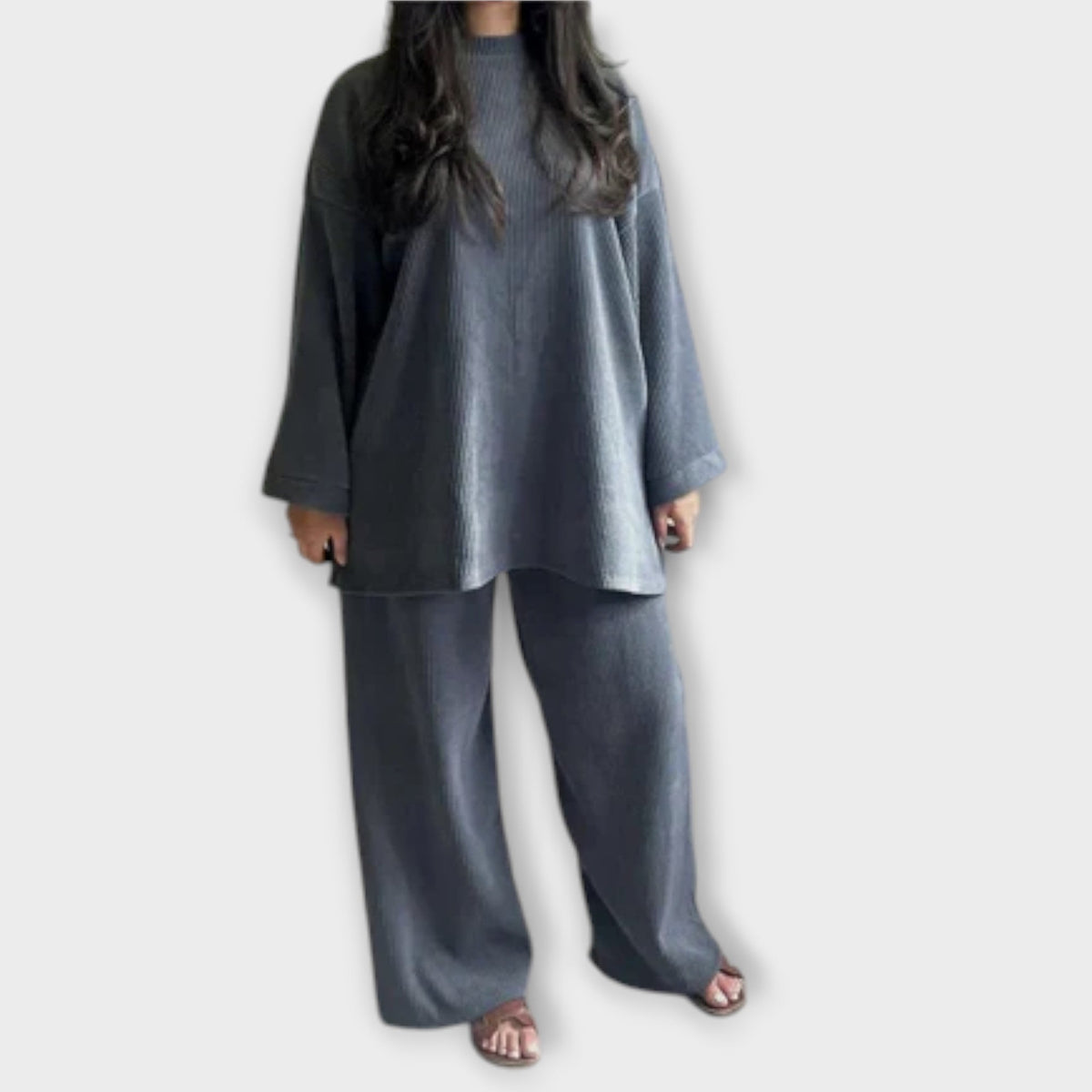 Plus size ribbed blue-gray top and wide-leg pants set