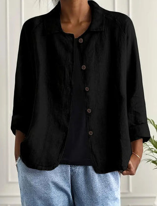 Classic black button-front blouse with collar, three-quarter sleeves