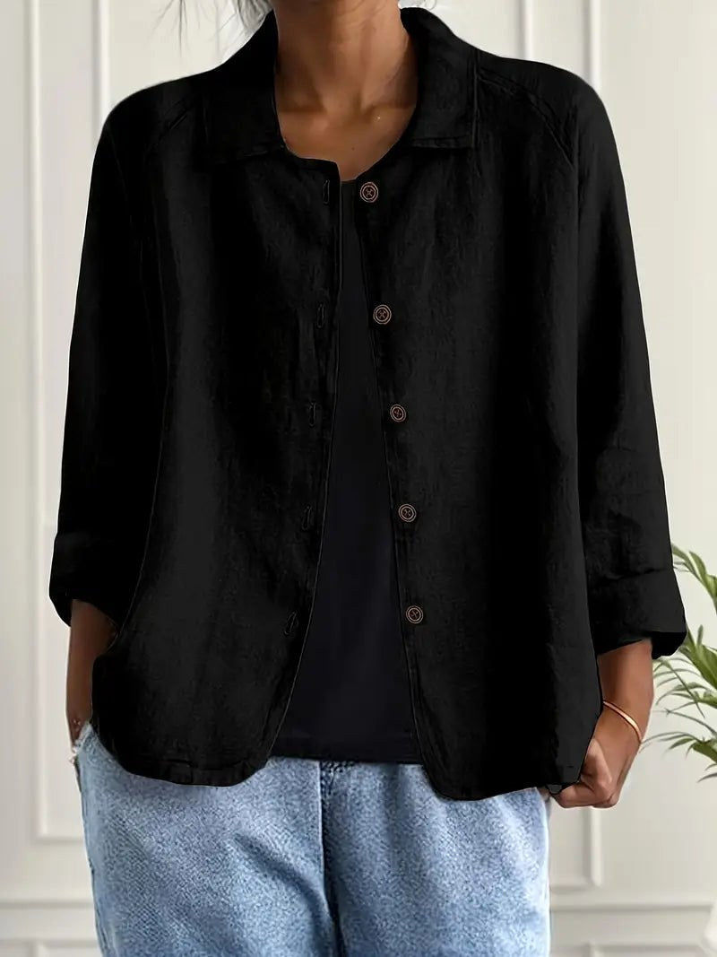 Classic black button-front blouse with collar, three-quarter sleeves