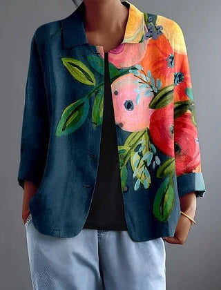 Multicolour painted poppy blouse with open front and 3/4 sleeves, floral panel design