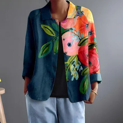 Multicolour painted poppy blouse with open front and 3/4 sleeves, floral panel design