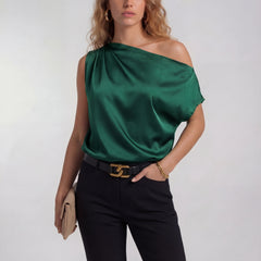 Green one-shoulder satin blouse with draped neckline and short sleeve