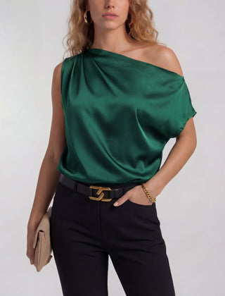 Green one-shoulder satin blouse with draped neckline and short sleeve