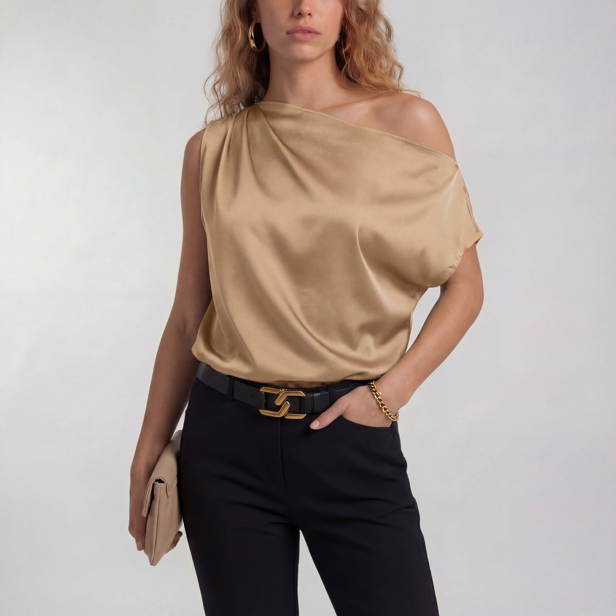 Champagne one-shoulder satin blouse with draped neckline and short sleeve