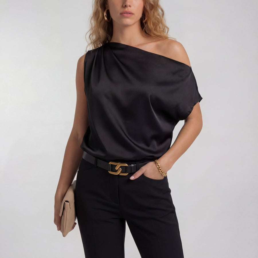 Black one-shoulder satin blouse with draped neckline and short sleeve