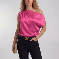 Rose red one-shoulder satin blouse with draped neckline and short sleeve