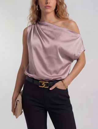 Light purple one-shoulder satin blouse with draped neckline and short sleeve