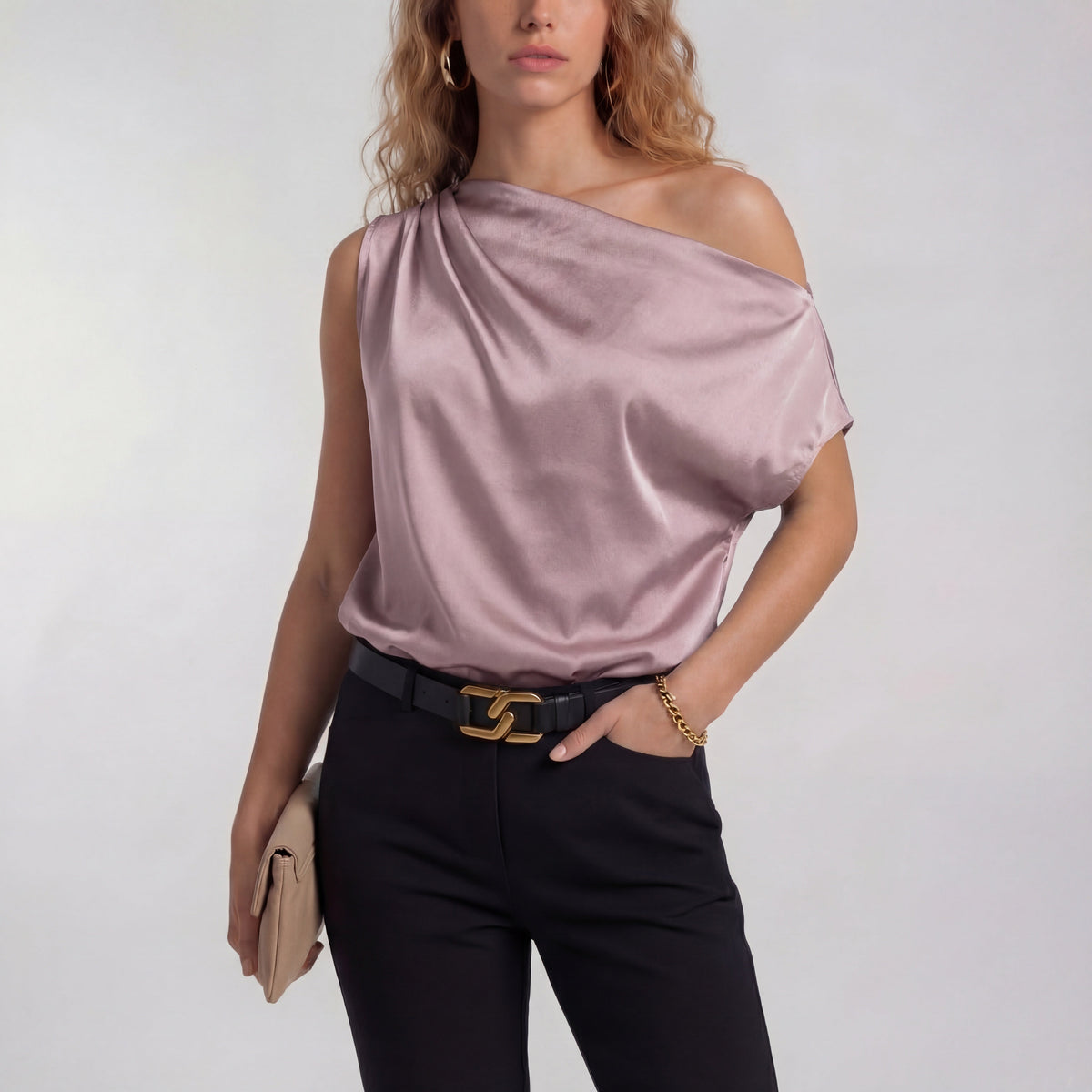 Light purple one-shoulder satin blouse with draped neckline and short sleeve