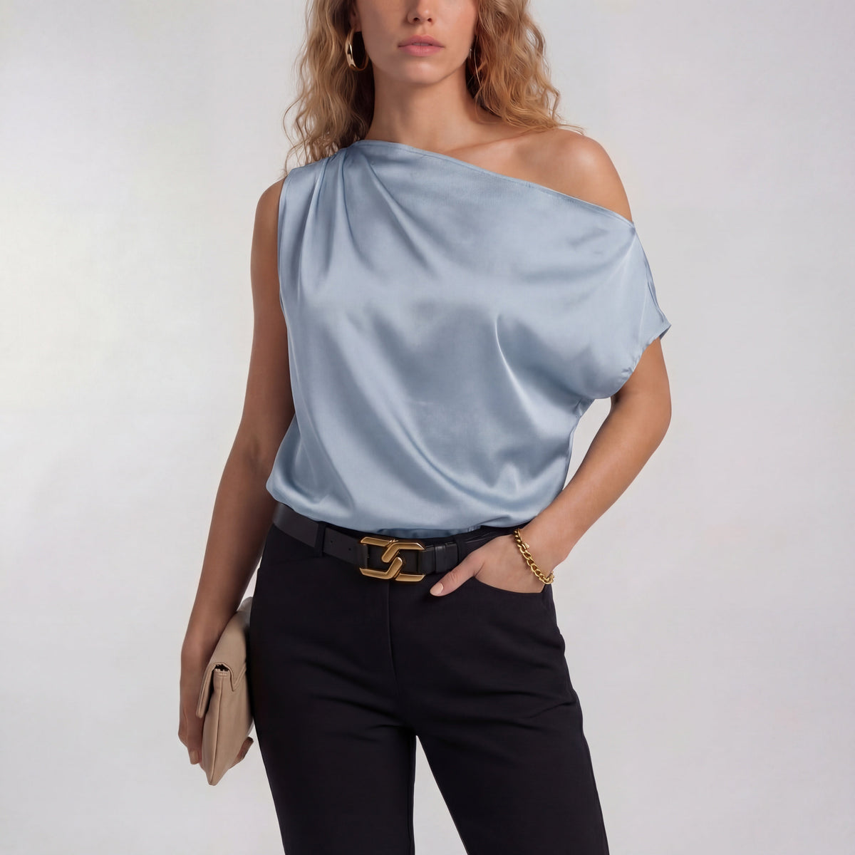 Light blue one-shoulder satin blouse with draped neckline and short sleeve