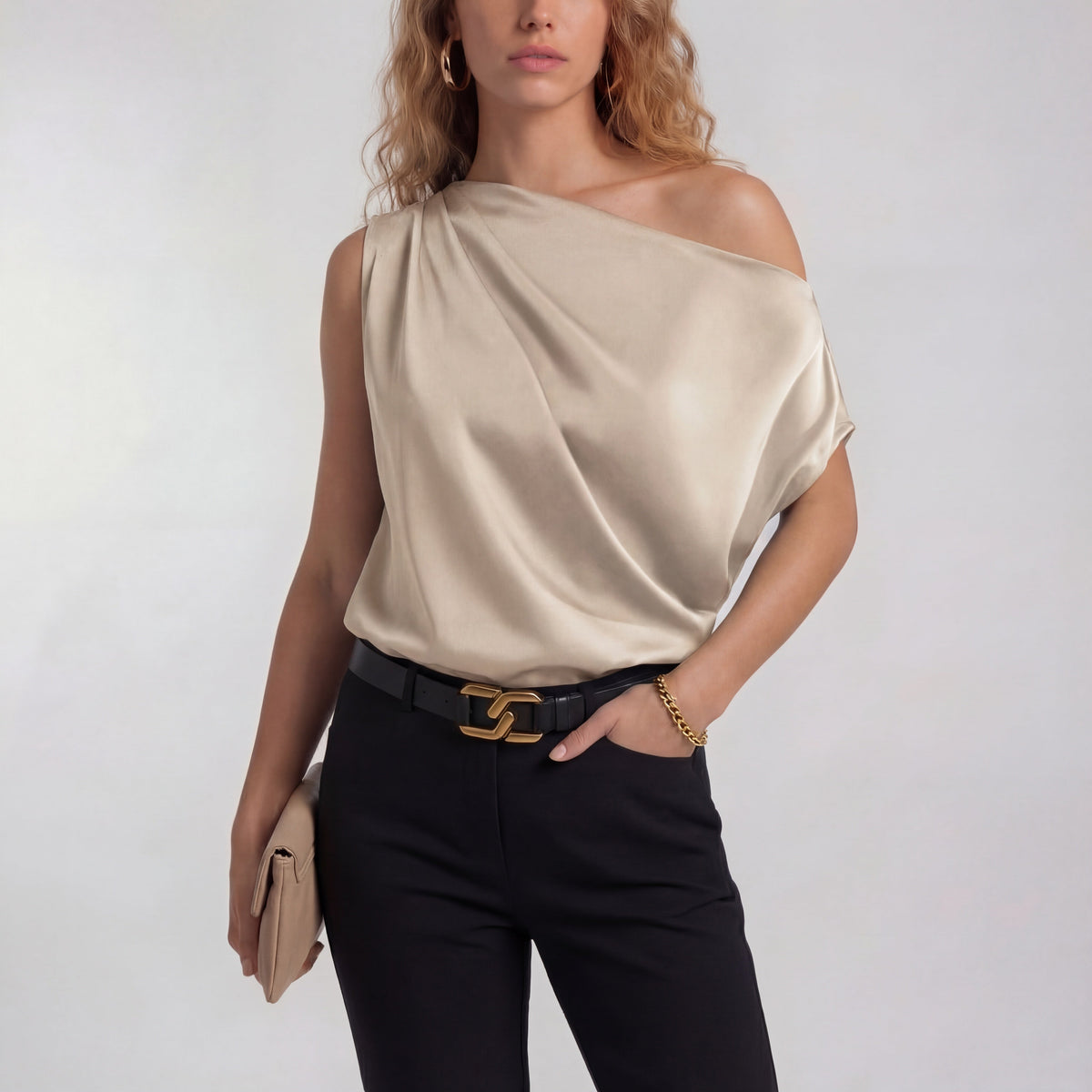 Champagne one-shoulder satin blouse with draped neckline and short sleeve