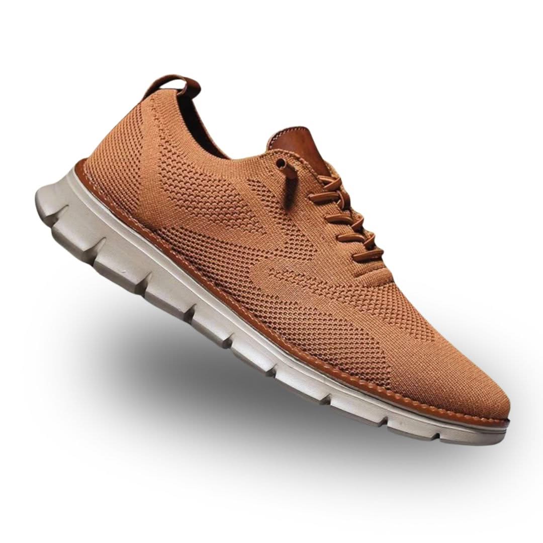 Caramel/orange knit lace-up walker shoes with brown collar accents and white tread sole