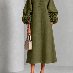 Olive floral midi dress with button front and rose-cuff puff sleeves, front view