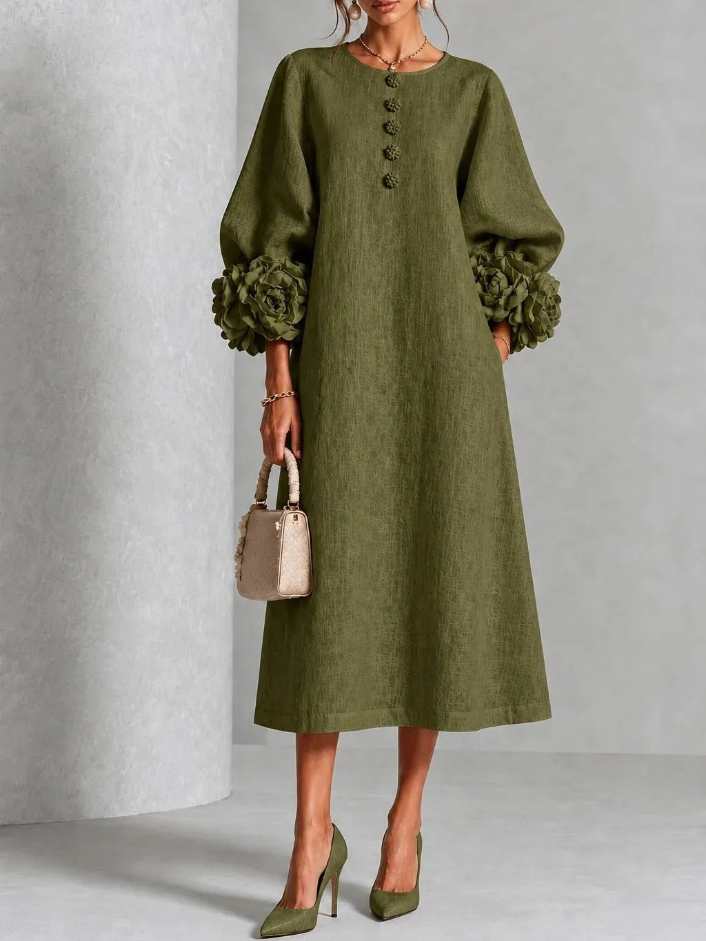 Olive floral midi dress with button front and rose-cuff puff sleeves, front view