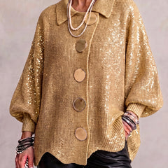 Oversized gold sequin collared button cardigan with long balloon sleeves and round buttons